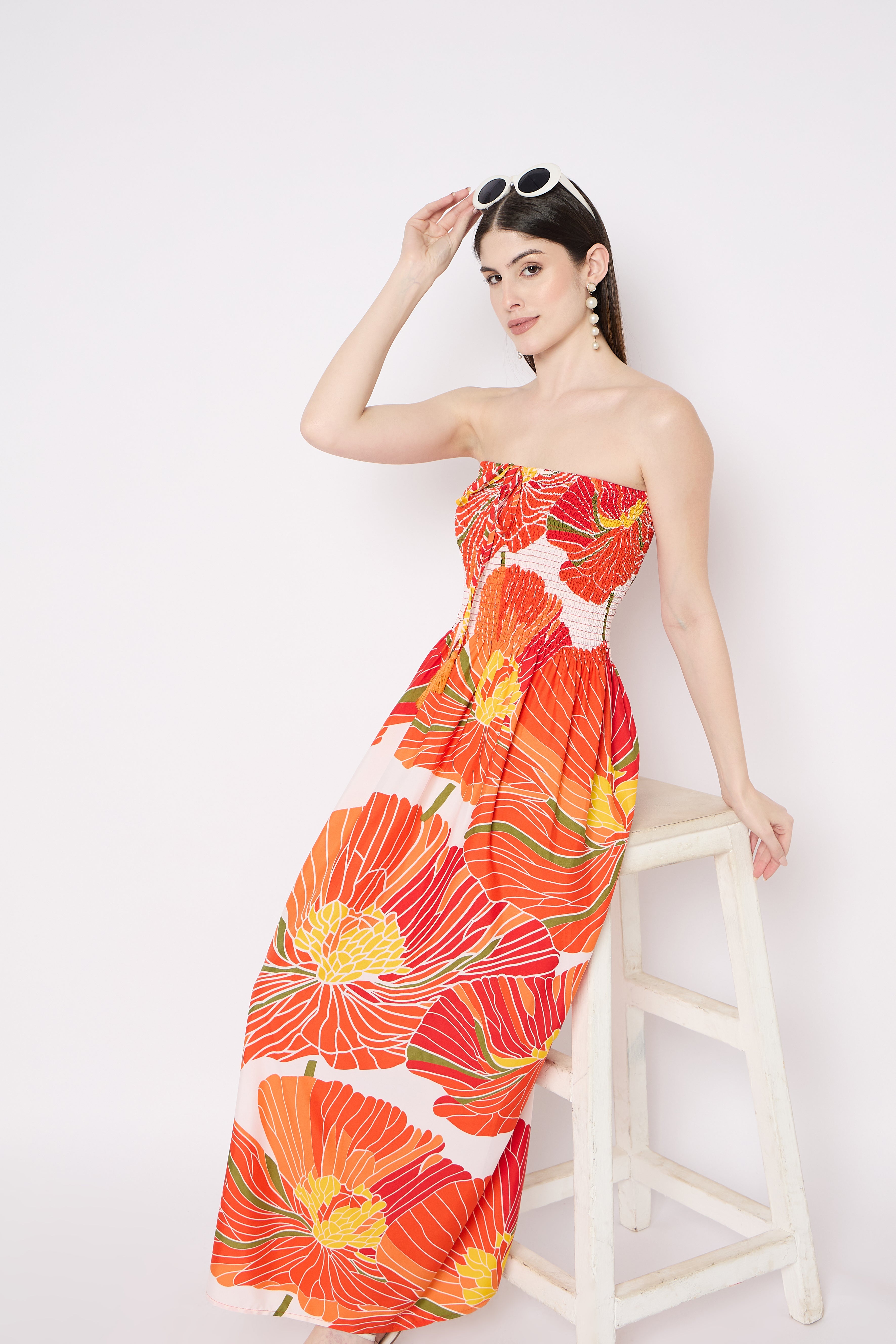 Orange Floral Print Elegant Strapless Women Long Tube Dress