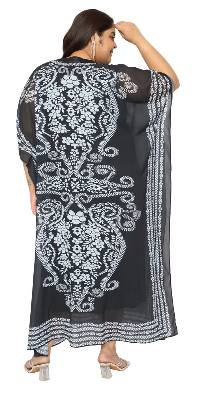 GypsieBlu Black Georgette Kaftan for Women Kimono Sleeve Missy-Size - Baroque Floral Damask Print