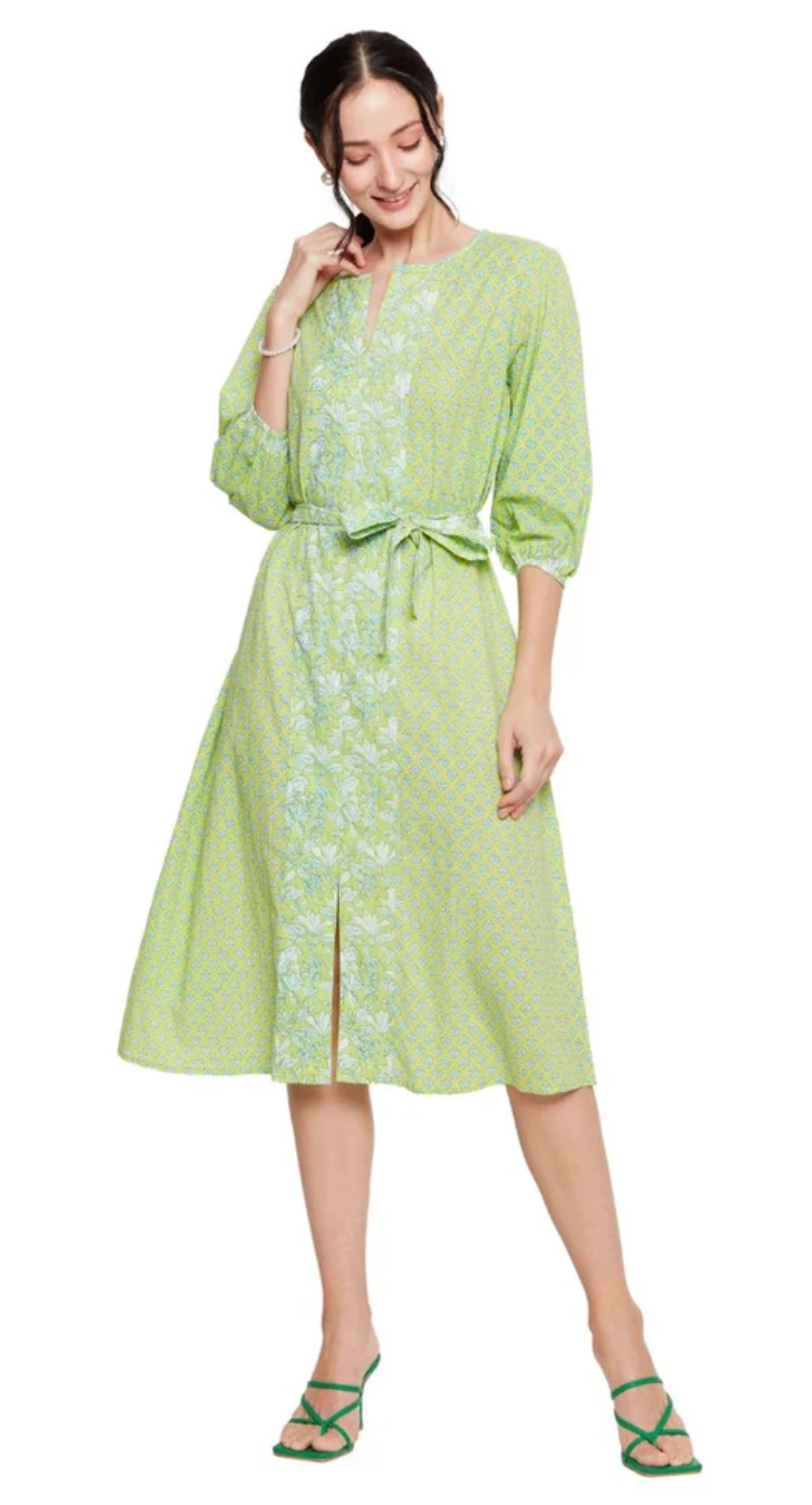 Neon Green Floral Cotton Dress for Women S-XL 3/4 Sleeve | GypsieBlu