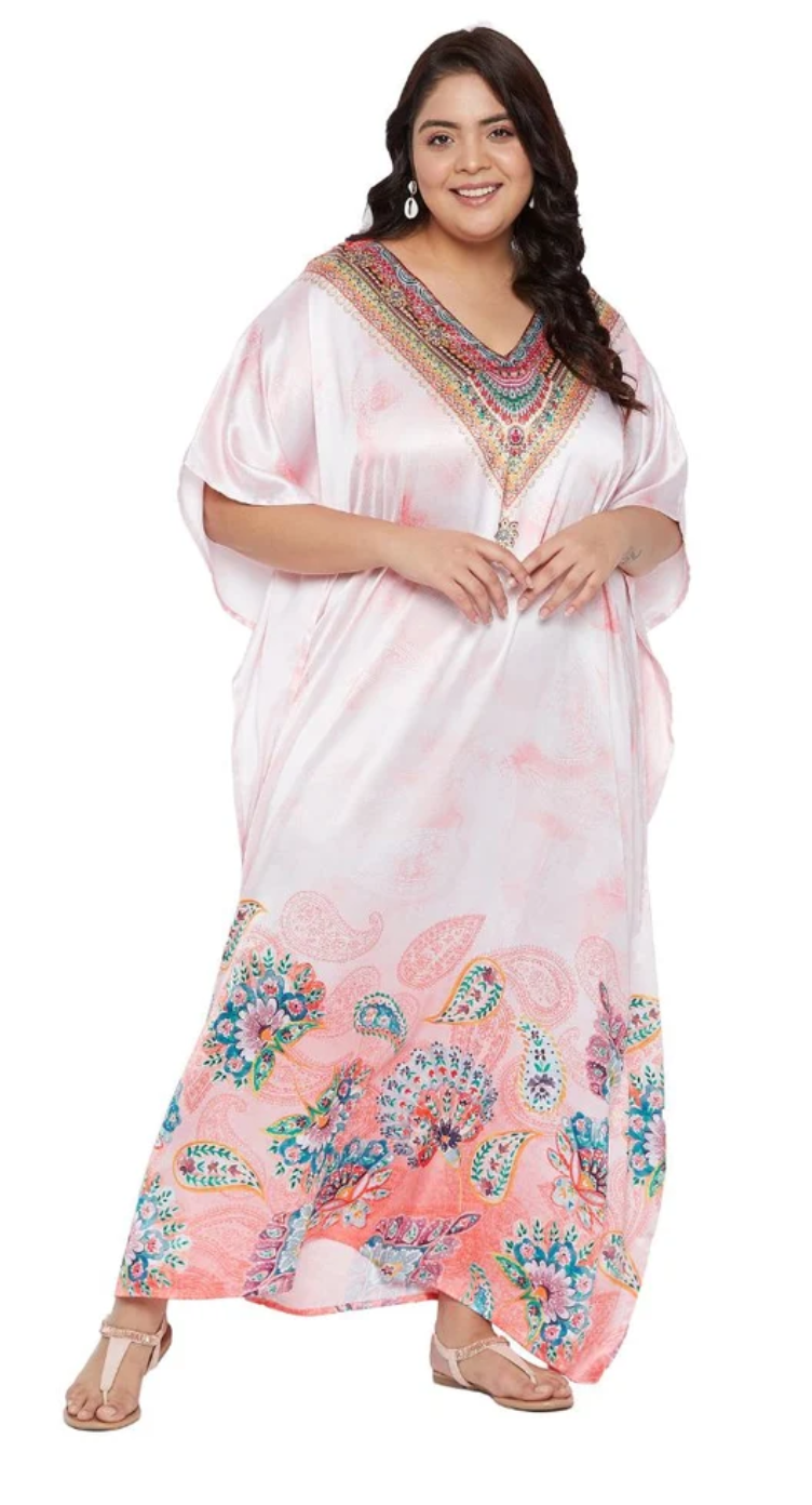 Peach Floral & Paisley Satin Plus Size Kaftan Dress for Women 1X-3X | GypsieBlu