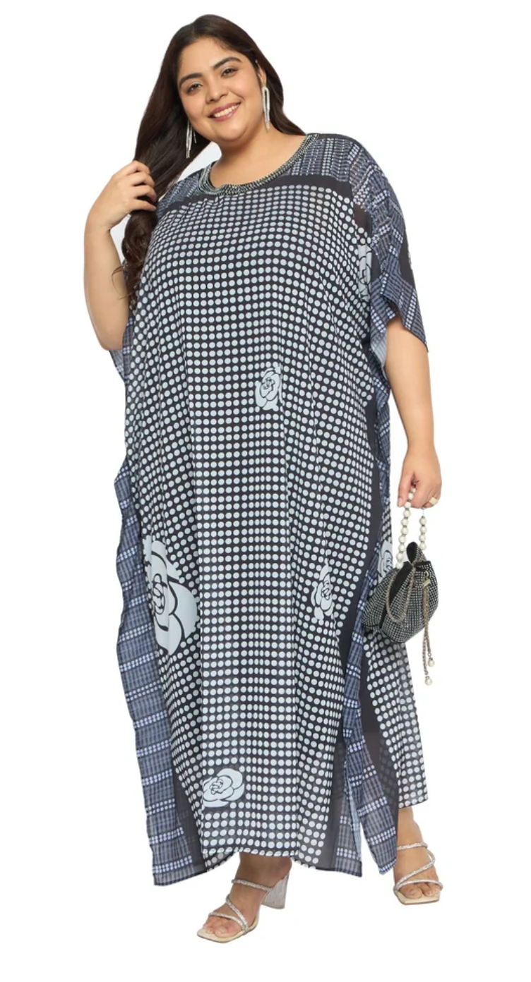 Blue Gingham Check Georgette Plus Size Kaftan for Women 1X-3X | GypsieBlu
