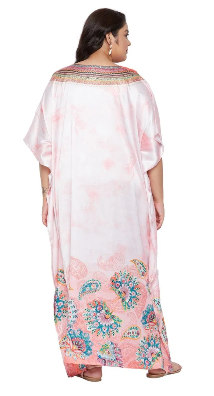 Peach Floral & Paisley Satin Plus Size Kaftan Dress for Women 1X-3X | GypsieBlu