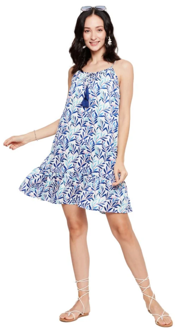 Navy Blue & White Leaf Polyester Dress for Women S-XL Sleeveless Halter Neck | GypsieBlu