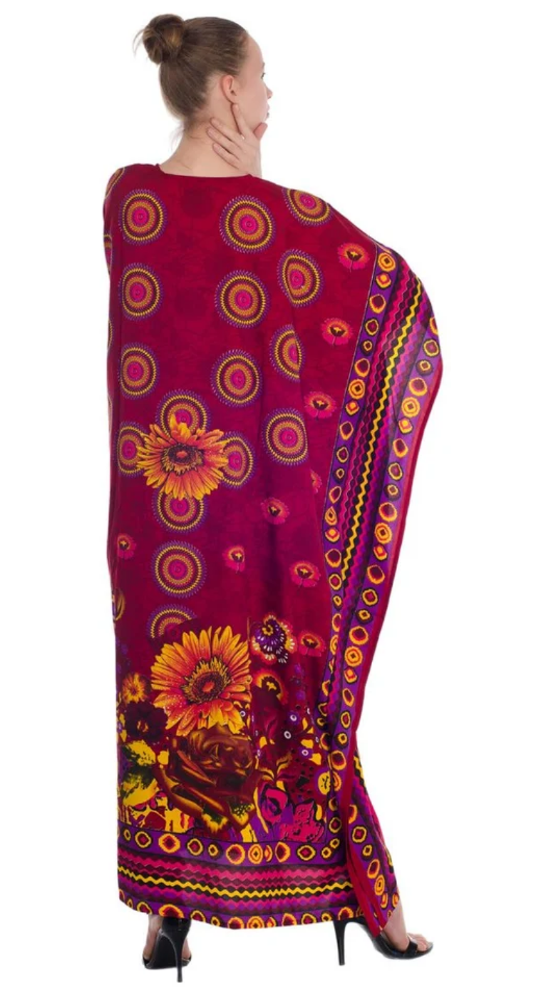 Red Sunflower Medallion Polyester Plus Size Kaftan for Women 1X-3X | GypsieBlu
