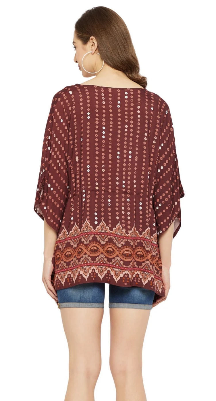Brown Rayon Tunic Top for Women S-XL 3/4 Sleeve V Neck - Sequin Dot Print | GypsieBlu