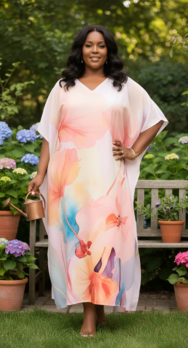 Light Pink Floral Polyester Women Plus Size Caftan Nightgown
