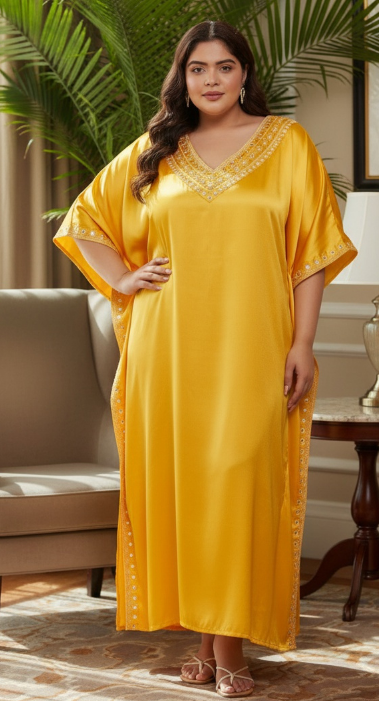 Embroidery Yellow Satin Kaftan Dress For Plus Size Women