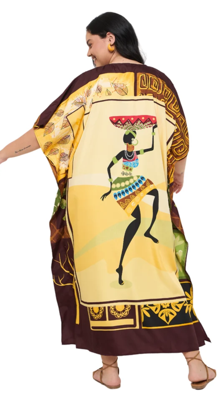 Yellow African Dancer Polyester Plus Size Kaftan for Women 1X-3X | GypsieBlu