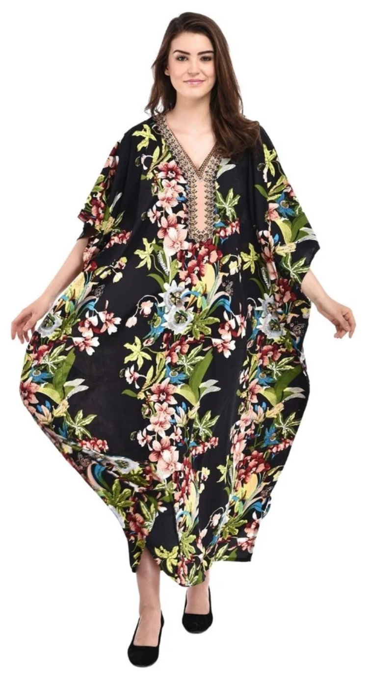 Black Ditsy Floral Polyester Plus Size Kaftan for Women 1X-3X | GypsieBlu
