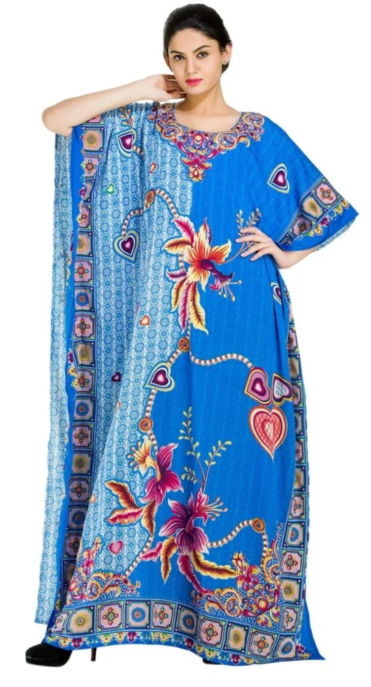 Blue Azure Floral Heart Polyester Plus Size Kaftan for Women 1X-3X | GypsieBlu