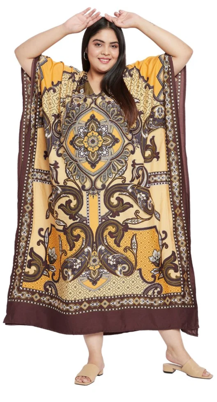 Yellow Paisley Medallion Polyester Plus Size Kaftan for Women 1X-3X 3/4 Sleeve | GypsieBlu
