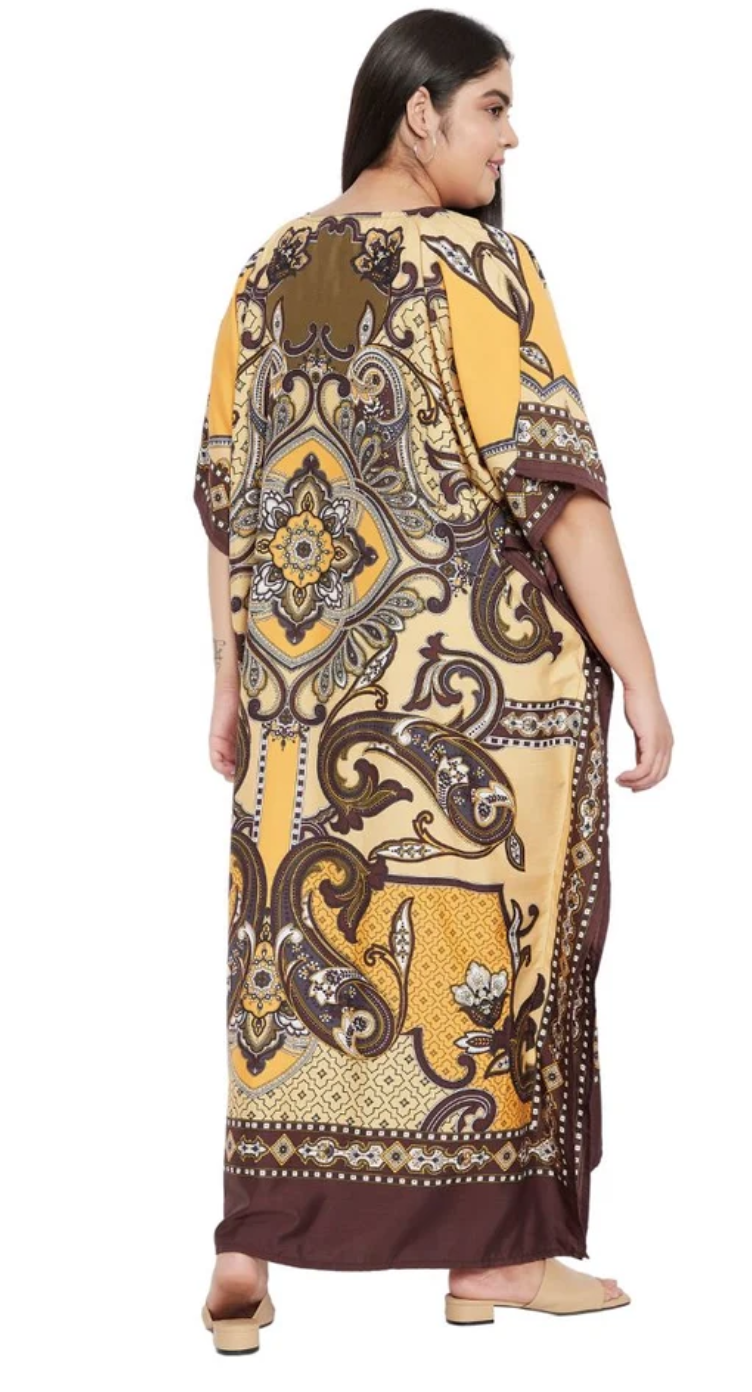 Yellow Paisley Medallion Polyester Plus Size Kaftan for Women 1X-3X 3/4 Sleeve | GypsieBlu