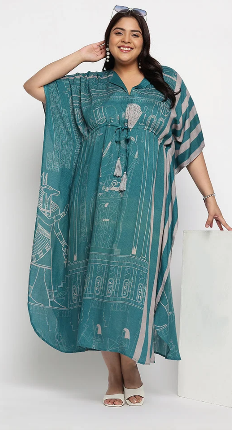 Green Egyptian Hieroglyph Rayon Plus Size Kaftan for Women 1X-3X | GypsieBlu