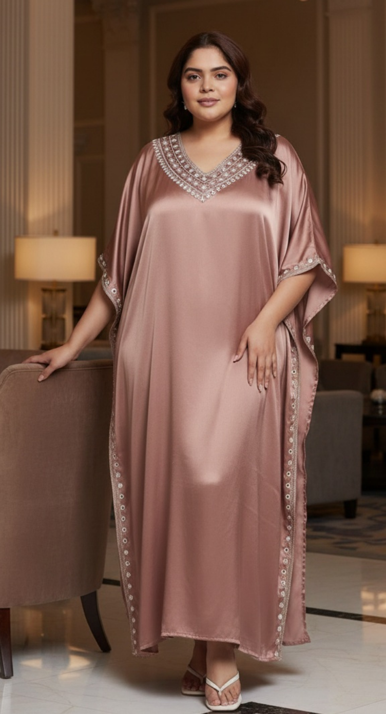 Light Brown Satin Embroidery Plus Size Women Summer Kaftan Dress