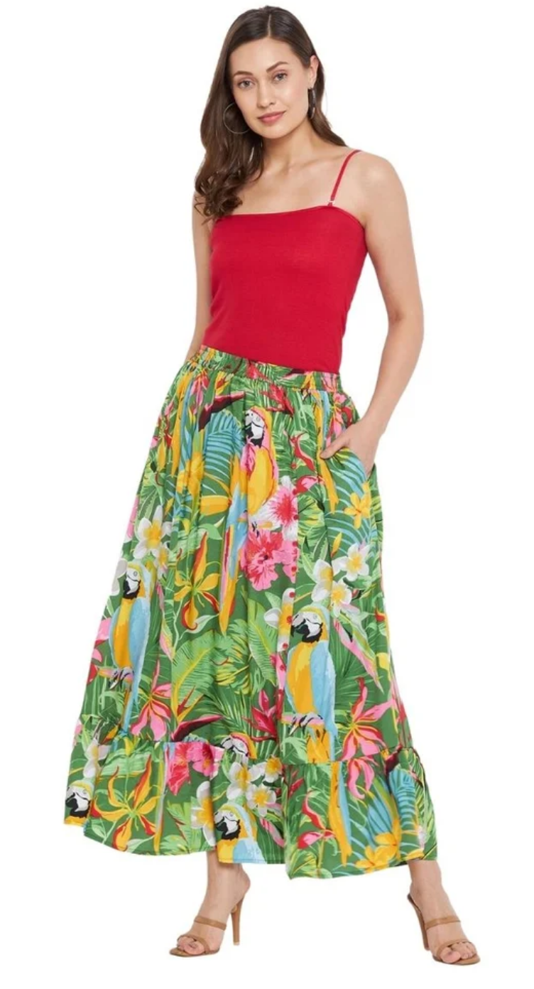 Green Tropical Parrot Polyester Skirt for Women S-XL | GypsieBlu