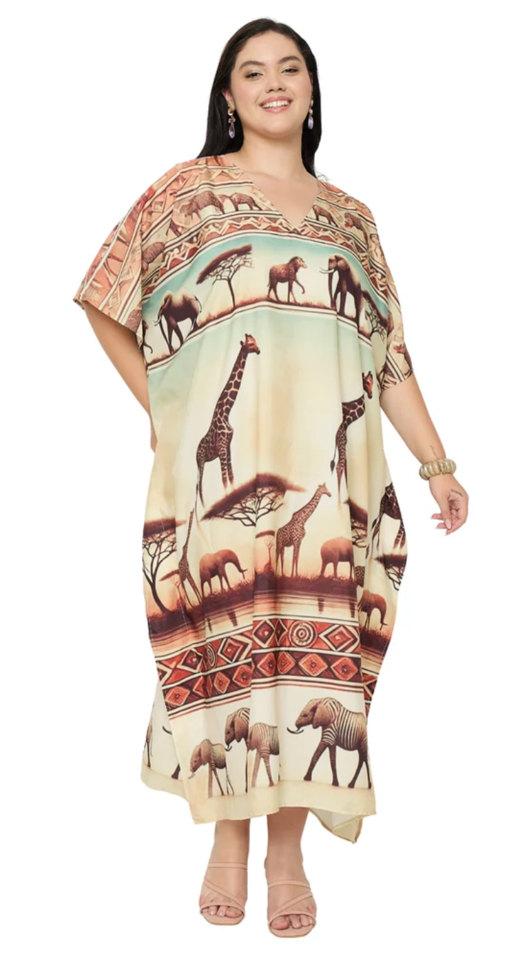 Beige African Safari Polyester Plus Size Kaftan for Women 1X-3X | GypsieBlu