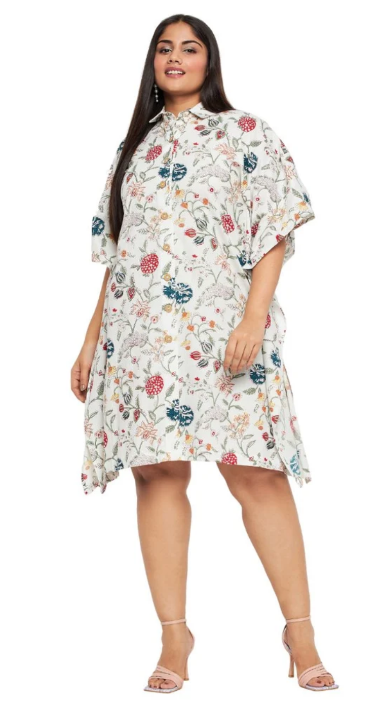 White Floral Cotton Plus Size Tunic for Women 1X-3X 3/4 Sleeve - Wildflower Botanical Print | GypsieBlu