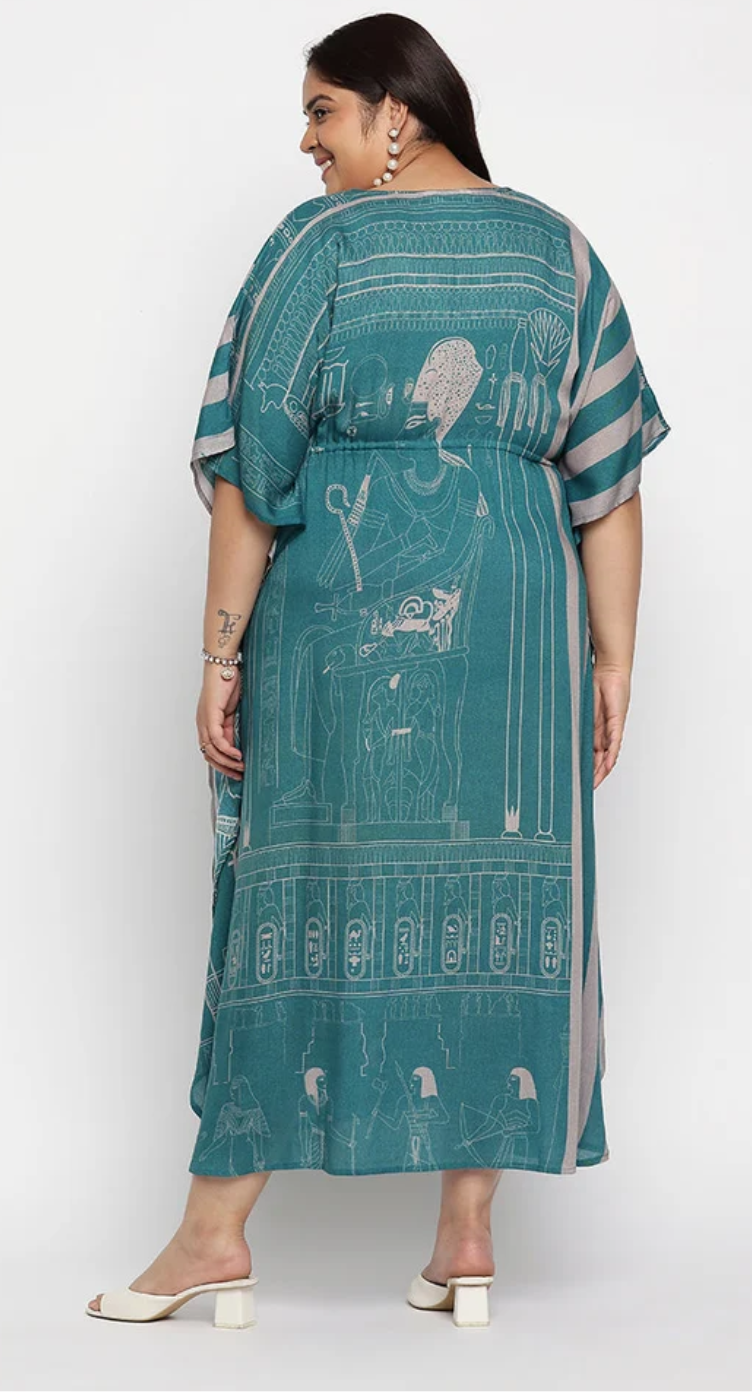 Green Egyptian Hieroglyph Rayon Plus Size Kaftan for Women 1X-3X | GypsieBlu
