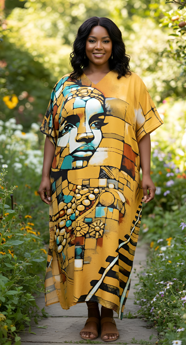 Yellow Tribal Polyester Women Plus Size Loungewear Caftan