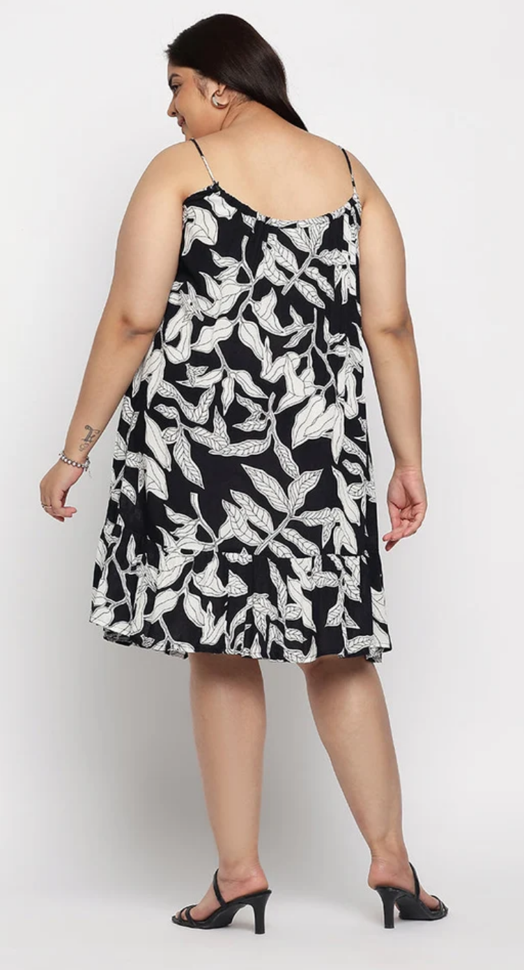 White & Black Leaf Rayon Midi Dress for Women S-XL | GypsieBlu