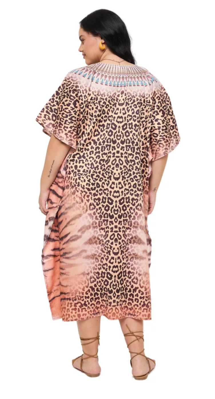Light Peach Leopard Tiger Polyester Plus Size Kaftan for Women 1X-3X | GypsieBlu
