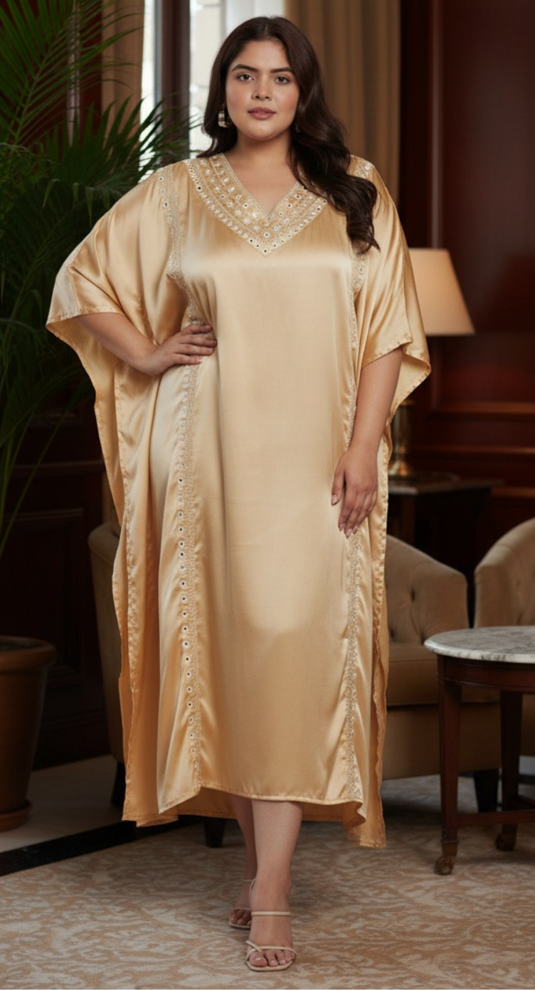 Apricot Tan Satin Women Plus Size Kaftan With Embroidery