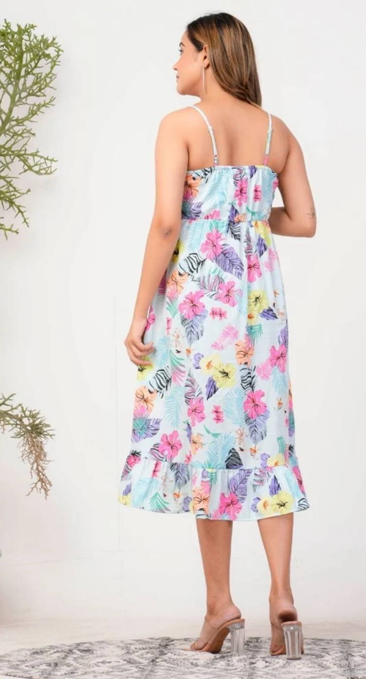 Blue Tropical Polyester Button-Front Midi Dress for Women S-XL Sleeveless | GypsieBlu