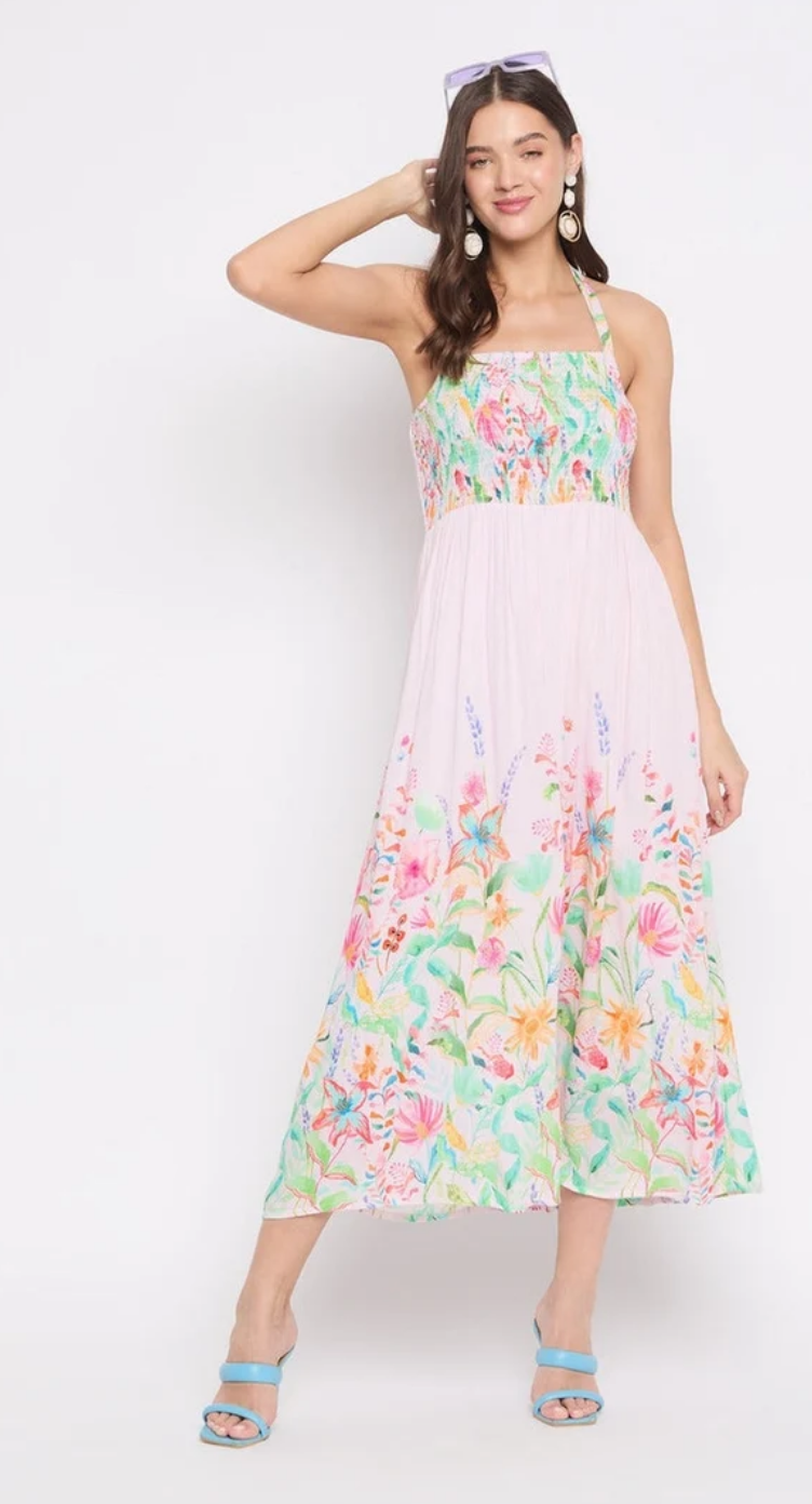 Pink Floral Rayon Midi Dress for Women S-XL Sleeveless Halter Neck | GypsieBlu
