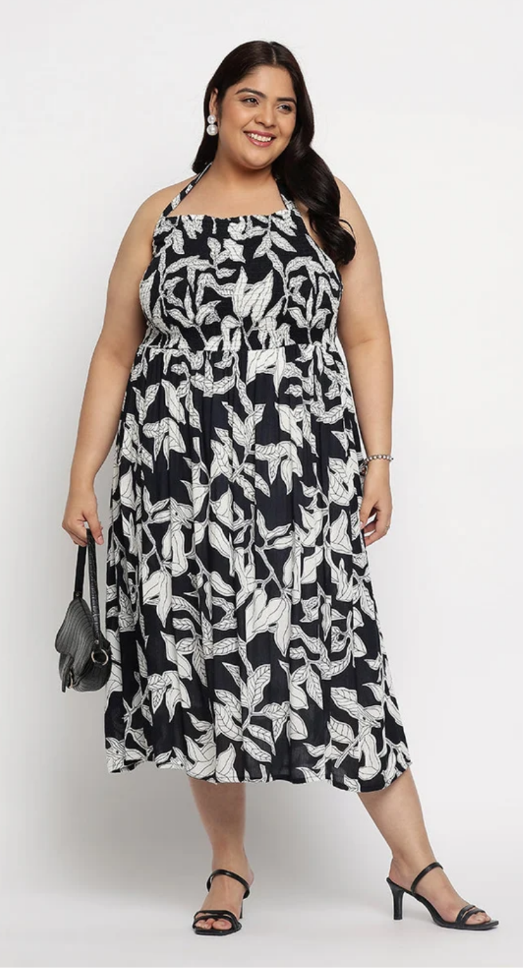 White Leaf Rayon Plus Size Midi Dress for Women 1X-3X | GypsieBlu