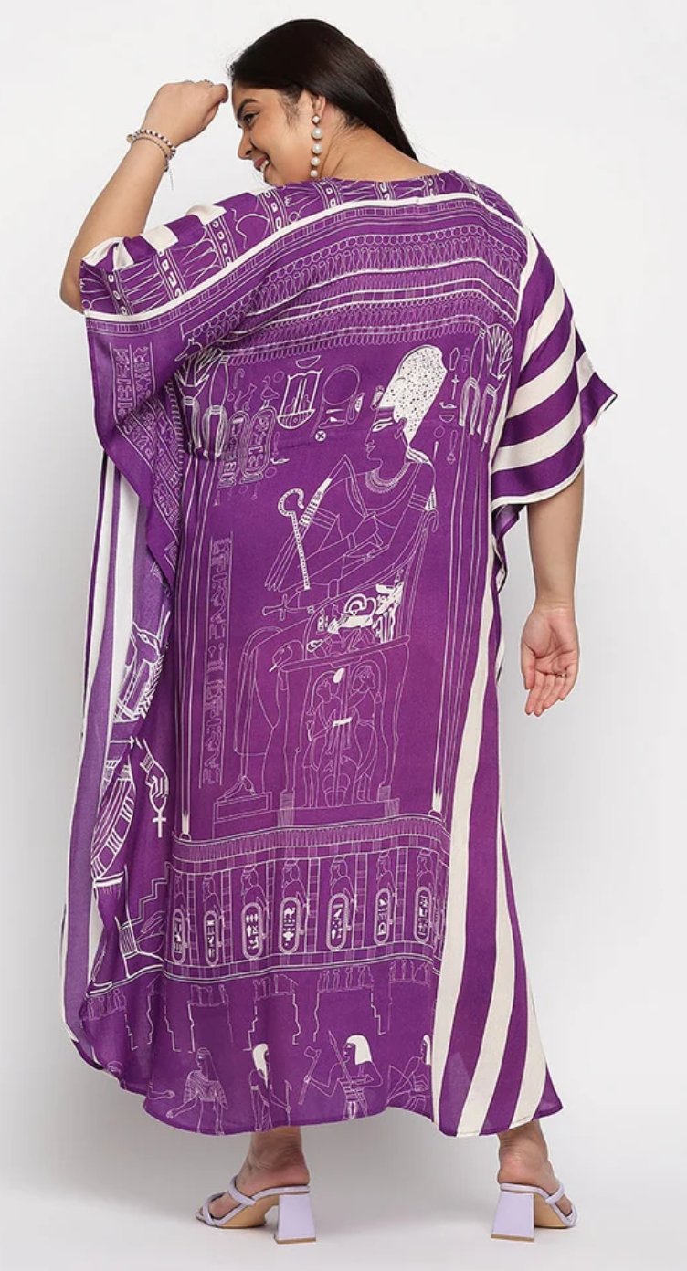 Purple Egyptian Hieroglyph Rayon Plus Size Kaftan for Women 1X-3X | GypsieBlu