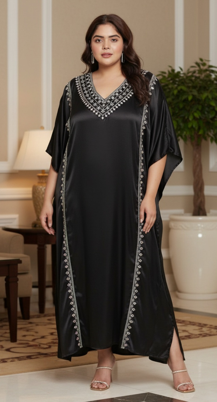 Black Solid Embroidery Holiday Kaftan For Plus Size Women