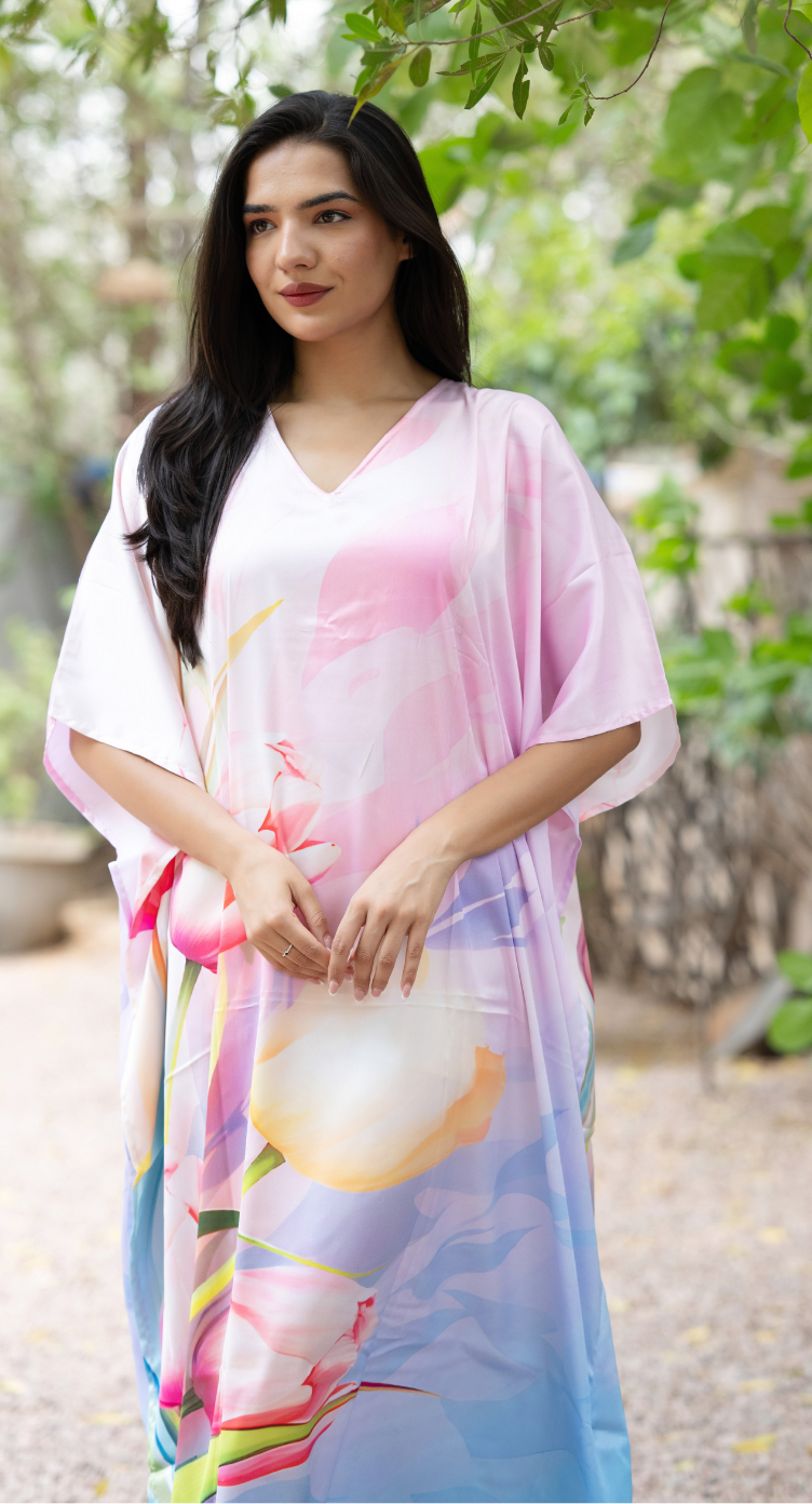 Floral Pastel Satin Silk Women Plus Size Kaftan Resort Dress