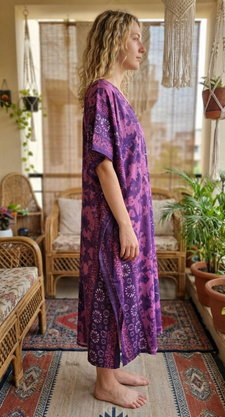 Purple Abstract Polyester Women Plus Size Kaftan Poolside Dress