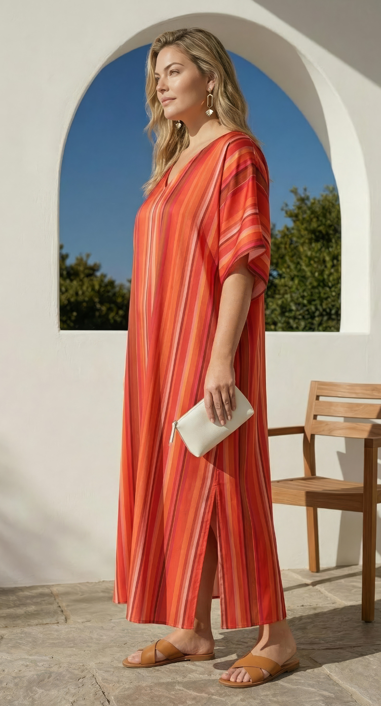 Orange Striped Polyester Women Plus Size Kaftan Casual Dress 1X-3X - SKU KT52-1004 - Gypsie Blu
