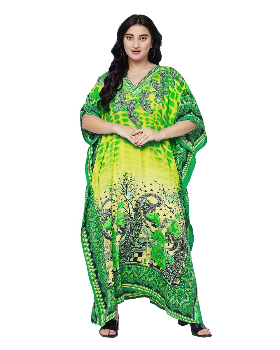 Paisley Printed Green Plus Size Polyester Kaftan Dress For Women