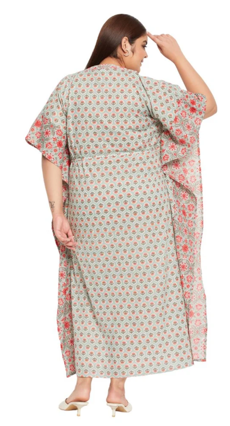 GypsieBlu Green Floral Plus Size Cotton Kaftan Dress for Women 3/4 Sleeve 1X-3X