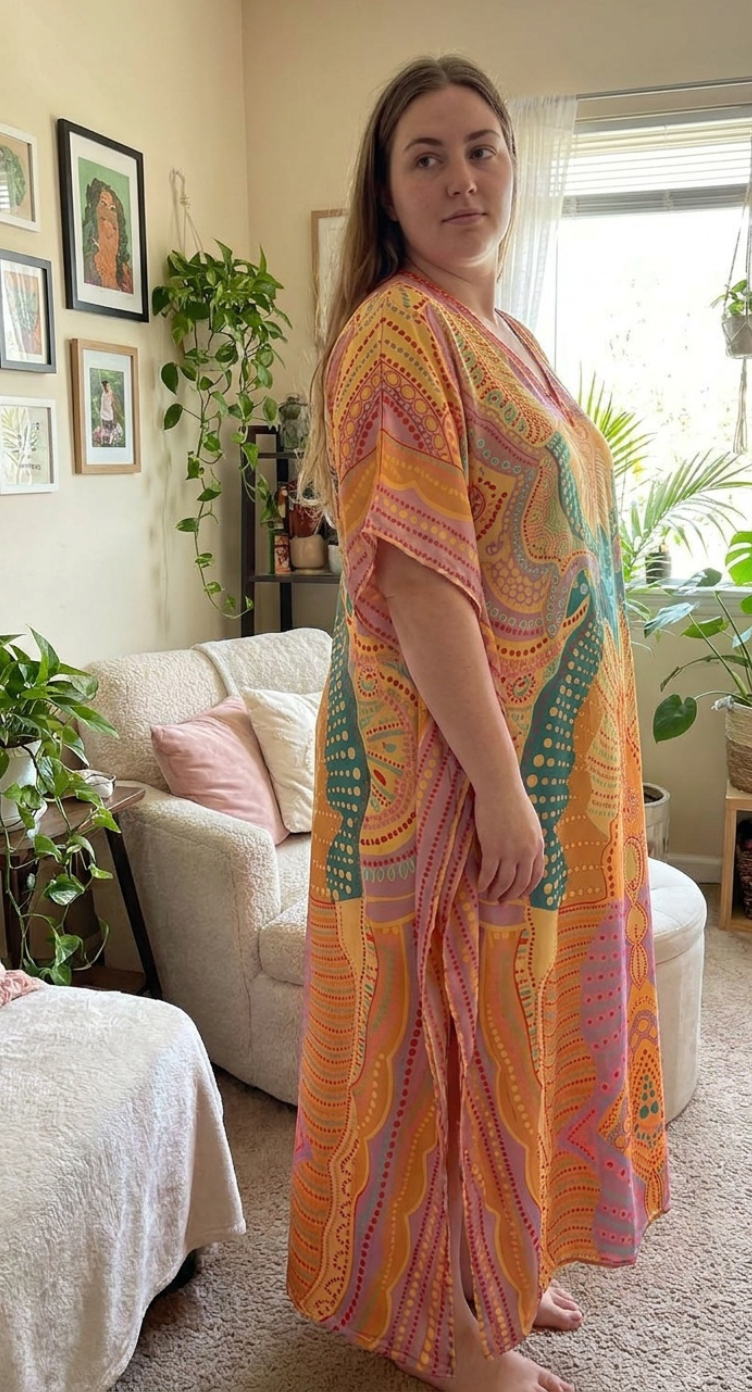 Peach Mandala Satin Women Plus Size Kaftan Tropical Dress