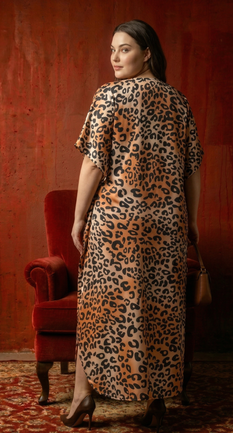 Burnt Orange Leopard Polyester Women Plus Size Kaftan Casual Dress