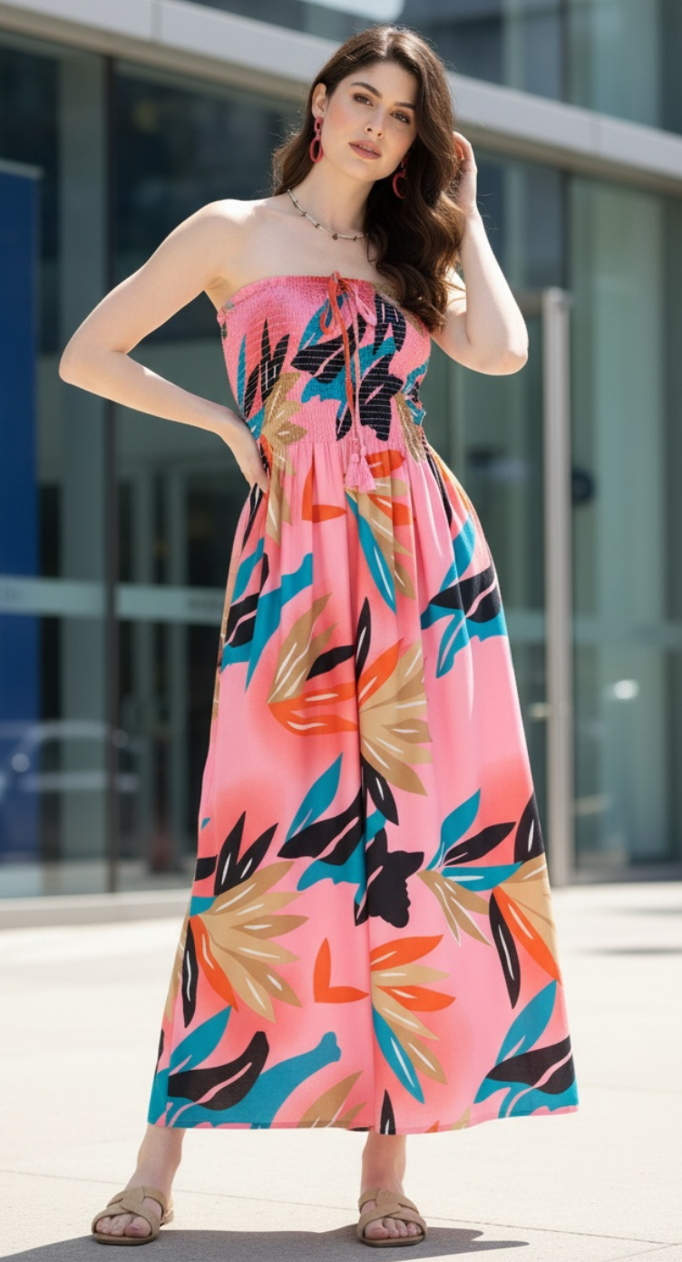 Multicolor Pink Women Sleeveless Long Tube Dress for Beach Vacation