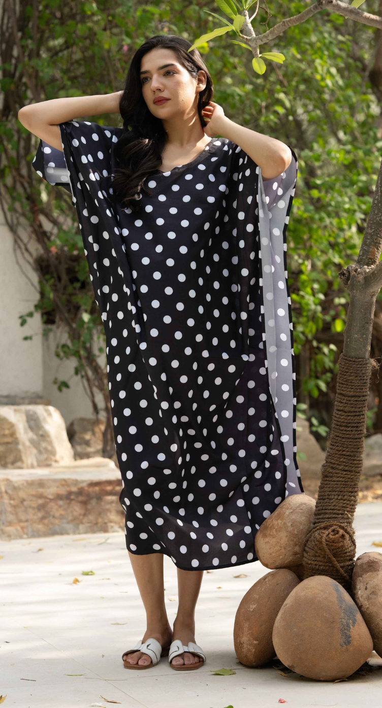 Black Polka Dot Polyester Women Plus Size Kaftan Evening Dress