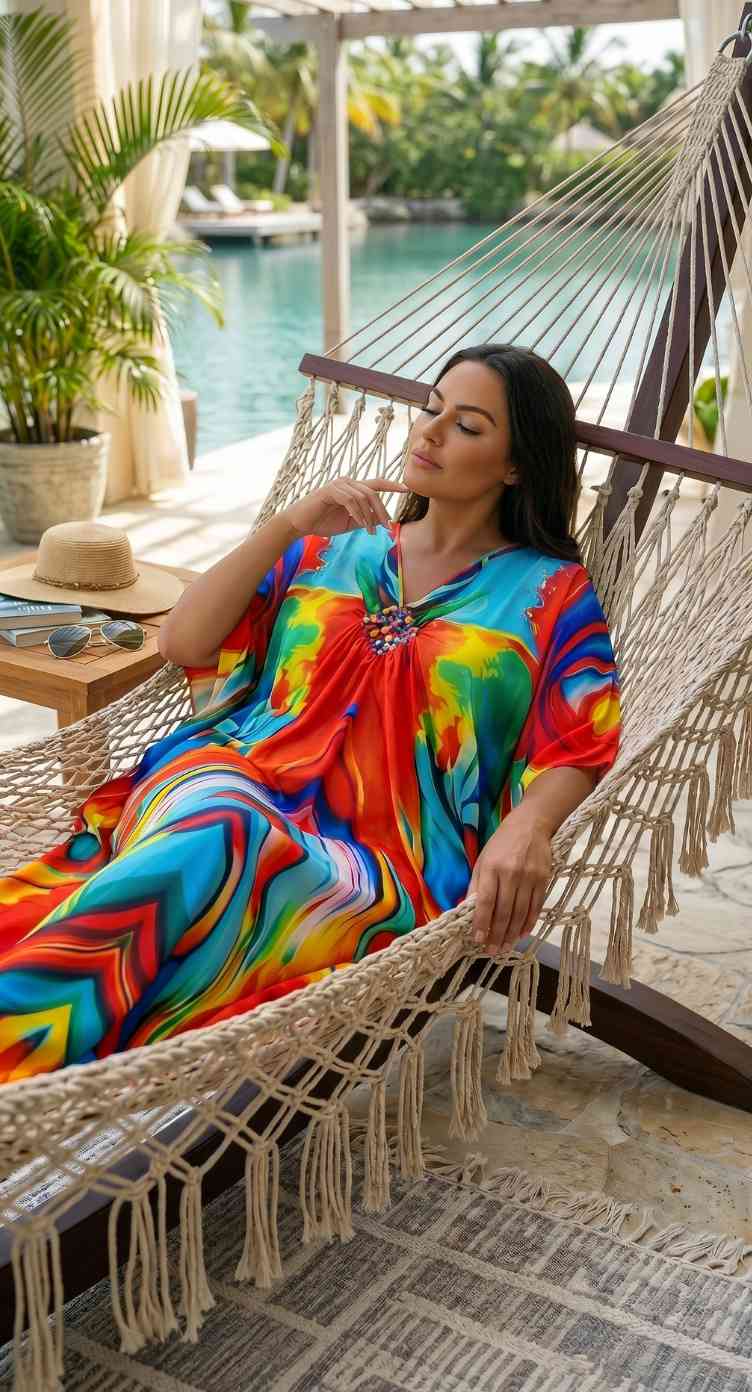Red Abstract Print Polyester Women Plus Size Kaftan Resort Wear Dress 1X-3X