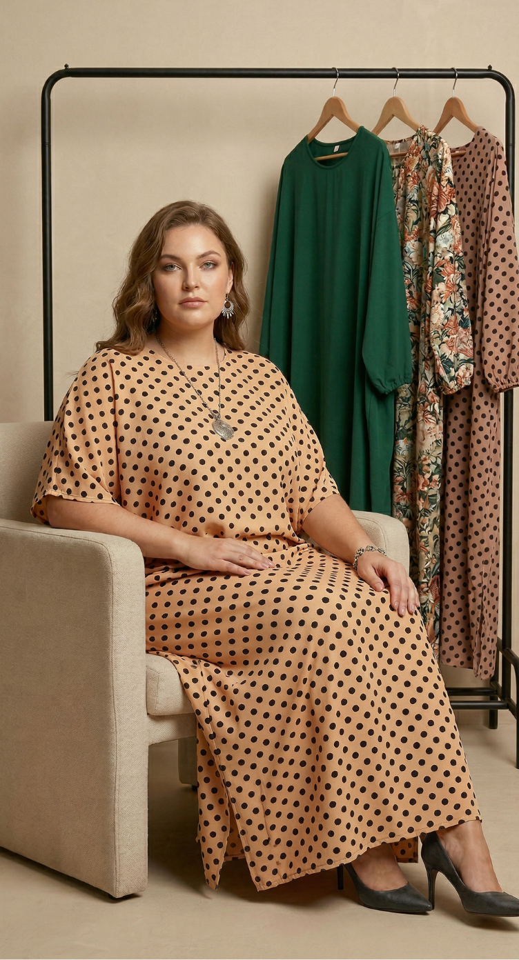 Beige Polka Dot Polyester Women Plus Size Kaftan Poolside Dress