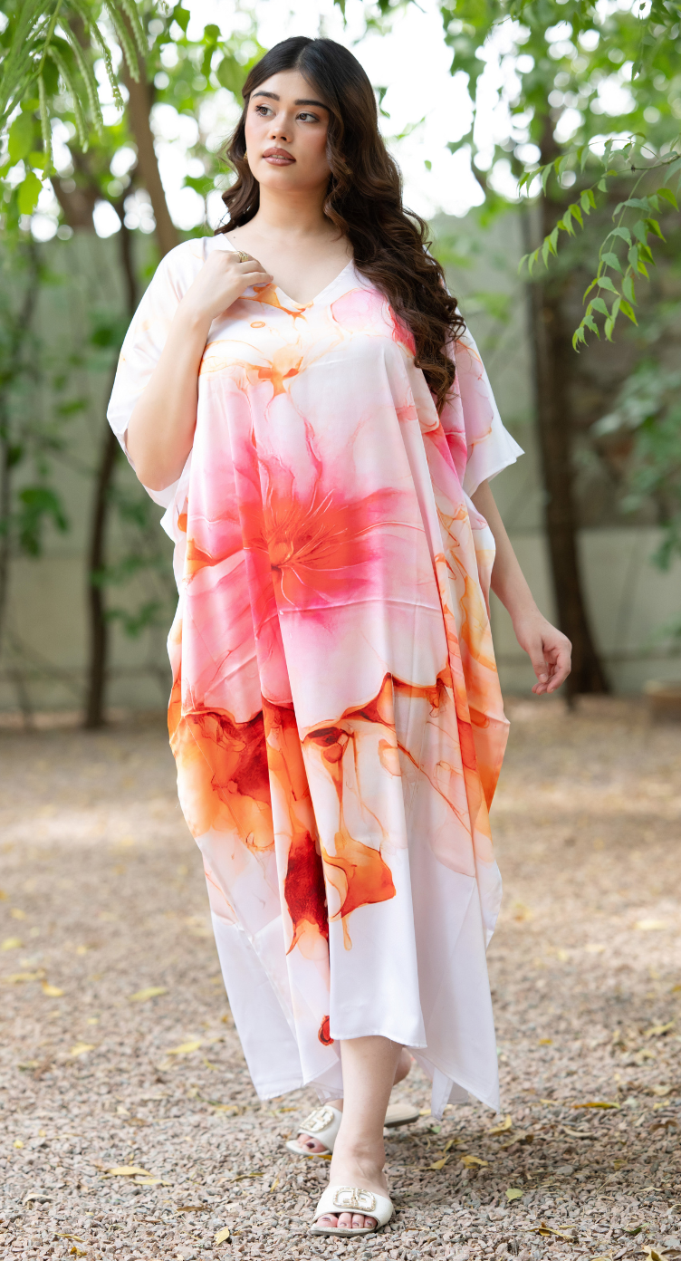 Floral Light Pink Satin Silk Women Plus Size Kaftan Lounge Dress