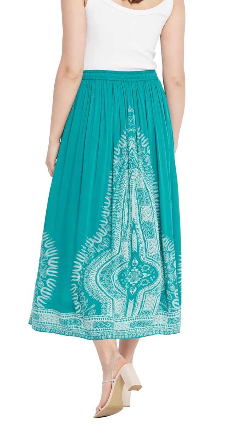 Teal Dashiki Border Rayon Skirt for Women S-XL | GypsieBlu