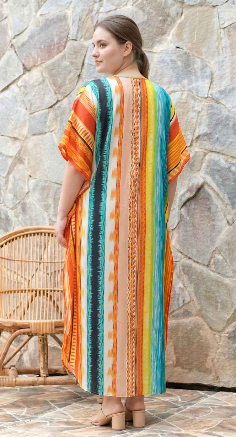 Multicolor Striped Polyester Women Plus Size Kaftan Beach Maxi Dress 1X-3X