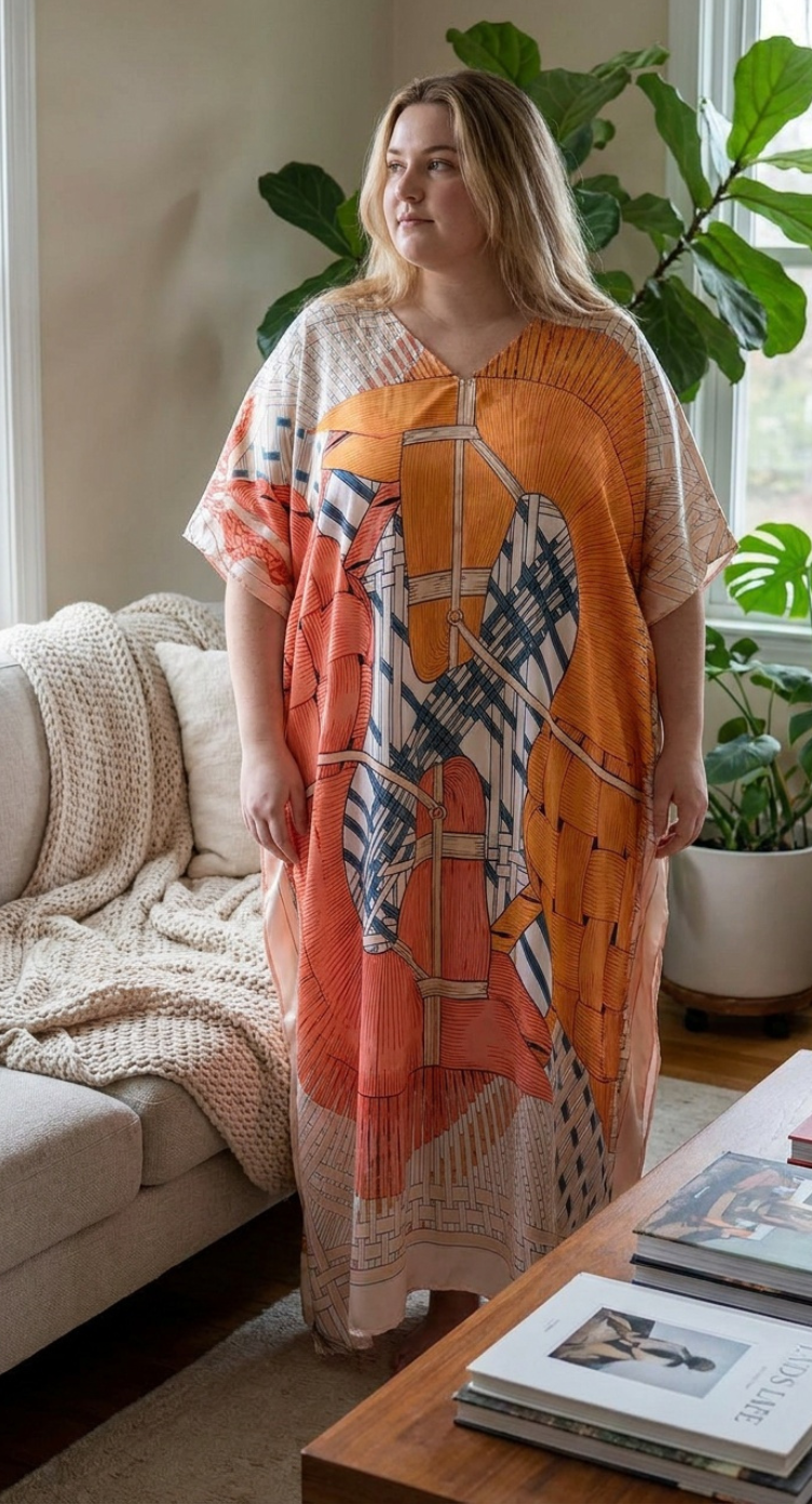 Orange Geometric Satin Women Plus Size Kaftan Summer Dress