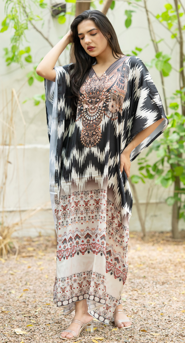 Black Cream Ikat Satin Women Plus Size Kaftan Brunch Dress - SKU KAF152-1092 - Gypsie Blu