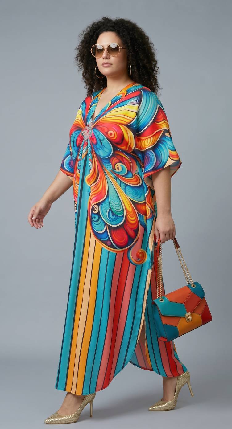 Turquoise Butterfly Print Polyester Women Plus Size Kaftan Vacation Dress 1X-3X