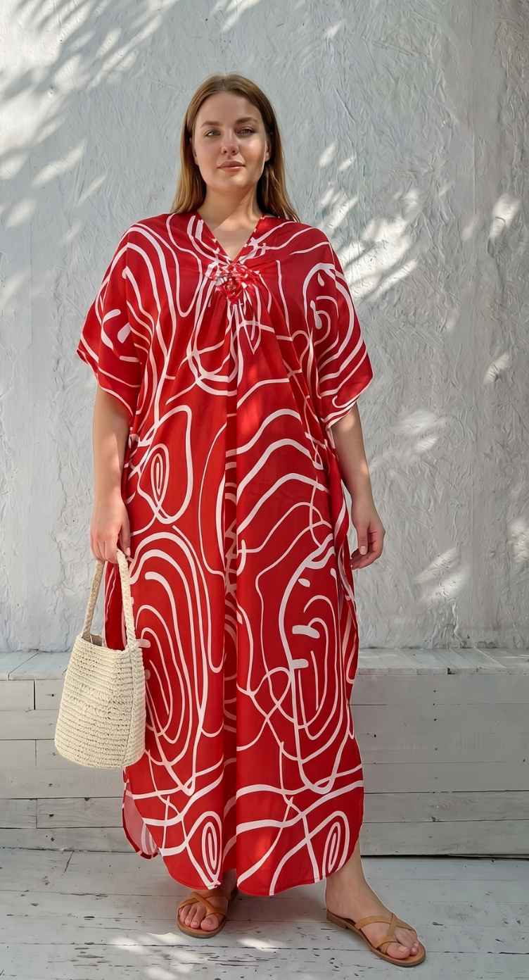 pool party maxi dress Red Abstract Print Polyester Women Plus Size Kaftan 1X-3X autoLaFemme She is wearing a Orange Floral Embroidered Short Mens Shoe Sizes:47