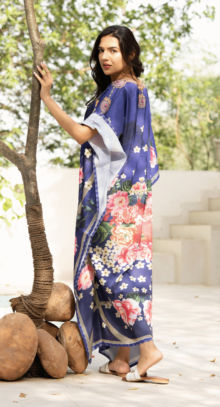 Floral Royal Blue Satin Silk Kaftan Dress for Women Plus Size